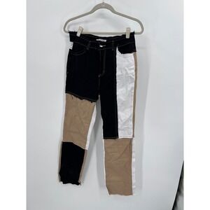 Patchwork Colorblock Raw Hem Straight Leg Jeans Black Tan NWT Large Wide Leg